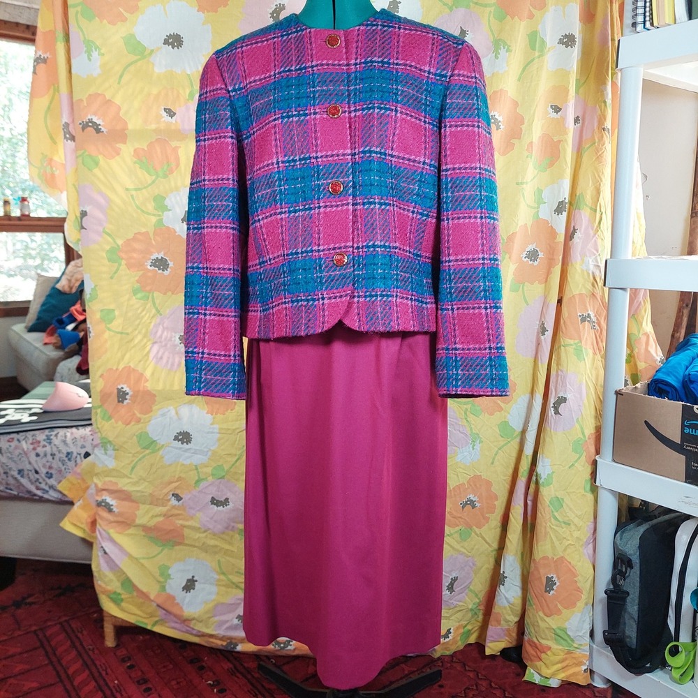 Vintage Pendleton Wool Skirt Suit Pink Blue Plaid Jacket Size 18 1980s USA Made